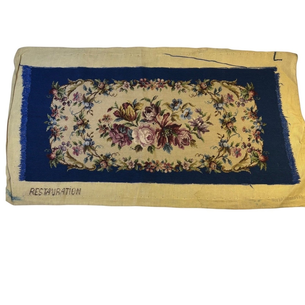 Vintage Floral Needlepoint Tapestry Navy Blue Border Restauration Canvas Art